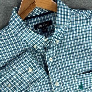 Johnnie O Shirt Large Teal White Plaid Crest Coastal Prep Beach Smart Casual
